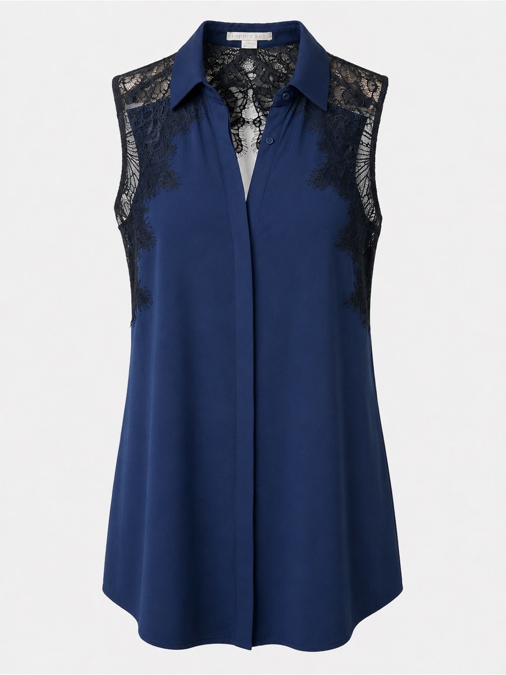 NWOT cooper & ella Navy Sleeveless Lace-Yoke Blouse Office Work Business Size M